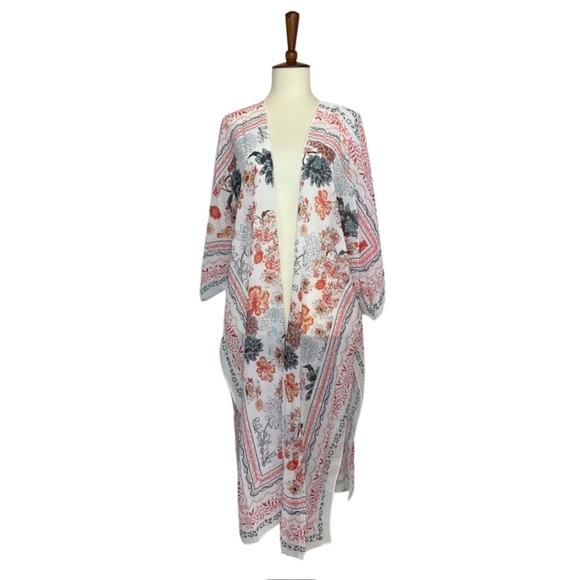 Boho Creamy White Floral Kimono Wrap Beach Coverup - Picture 6 of 16